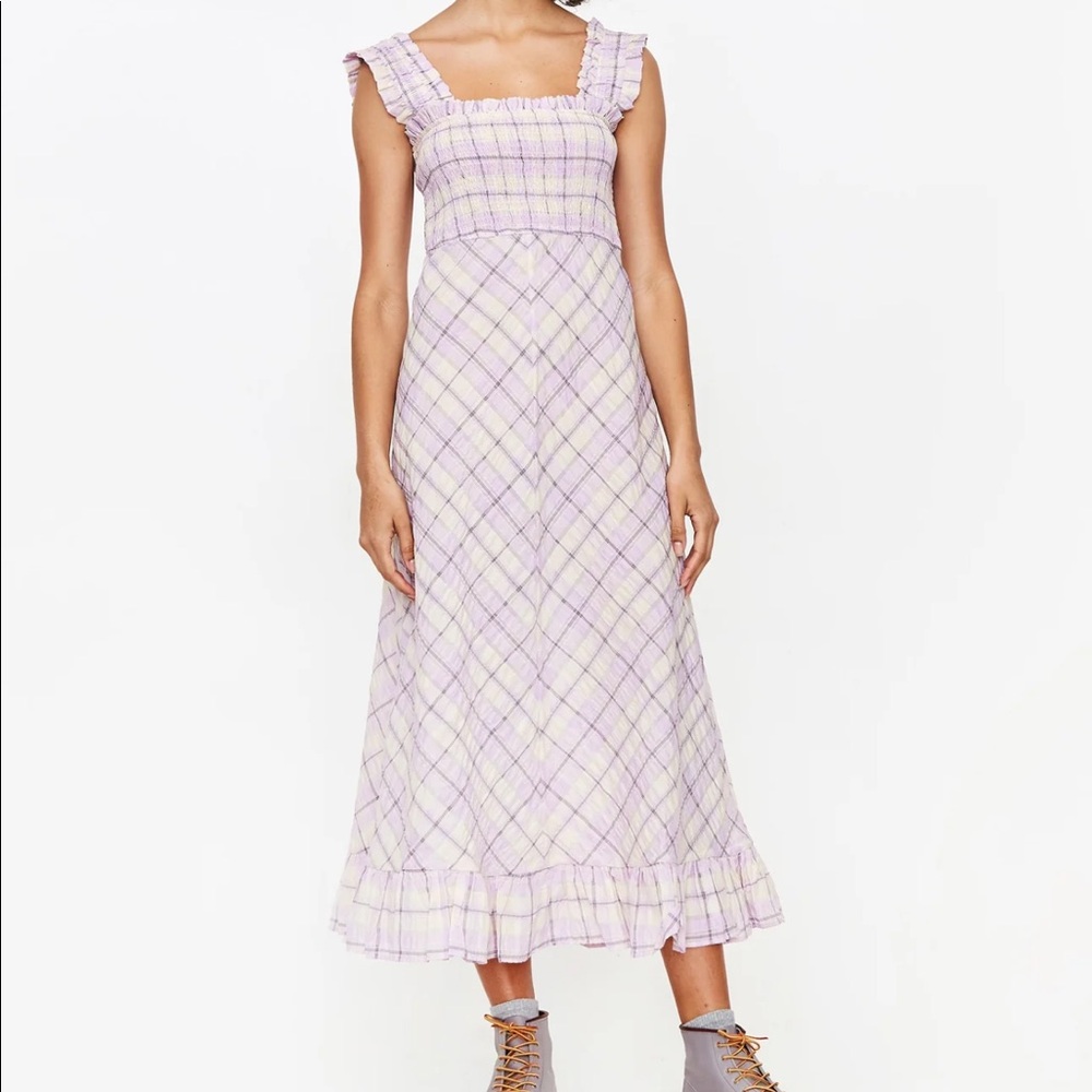 ganni seersucker check maxi dress